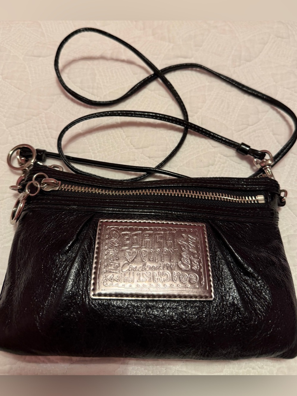 Coach Poppy Black Patent Leather Crossbody with Silver Plaque